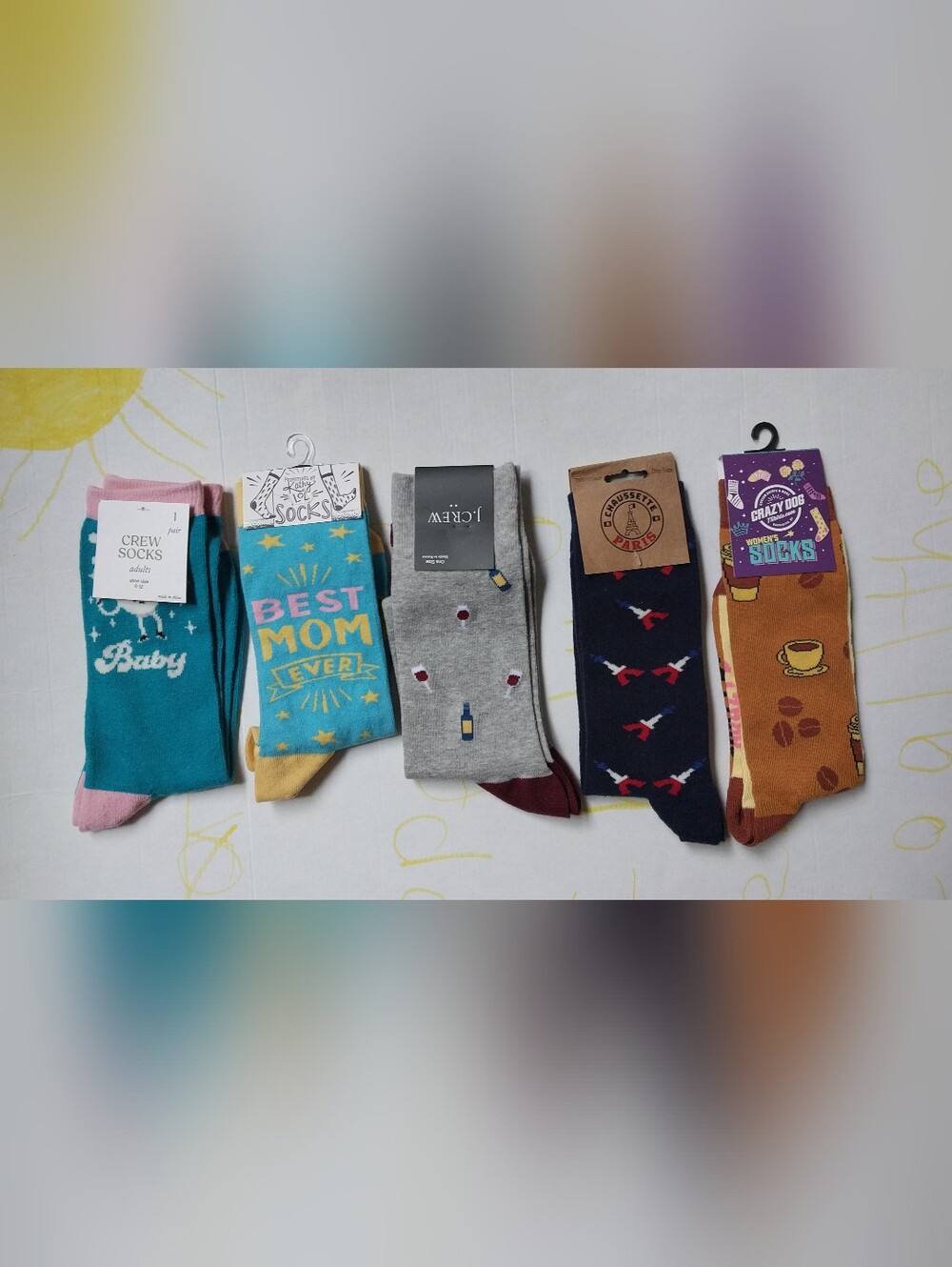 J. Crew Mom, Wine Bottle, Coffe, Paris Pattern Crew Socks